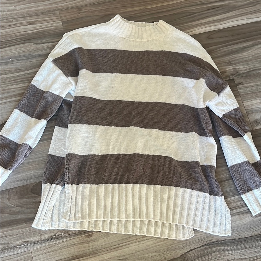 Sanctuary Brown and Cream Striped Crew Neck Sweater